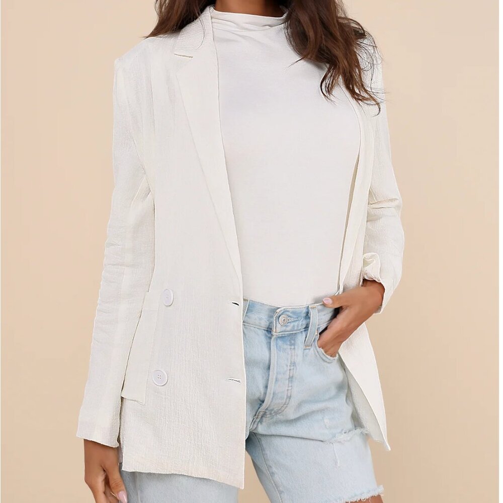 Poised Design White Linen Textured Double-Breasted Blazer